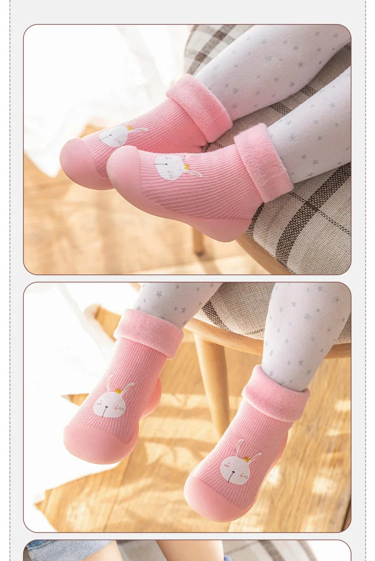 Back view of unisex toddler velvet socks, highlighting knitted detail, warm
