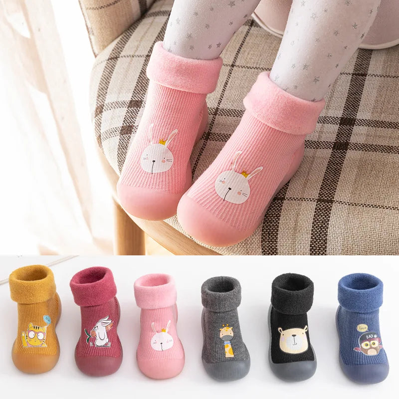 Pair of baby velvet warm socks, knitted animal print for fall/winter comfort