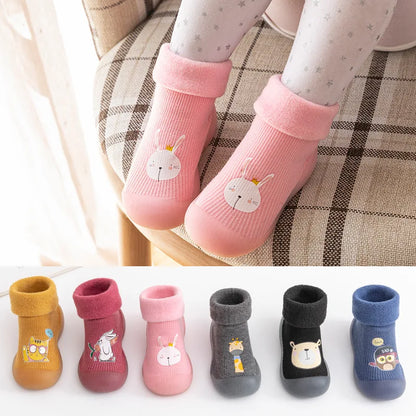 Pair of baby velvet warm socks, knitted animal print for fall/winter comfort