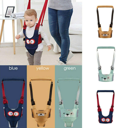Toddler walking harness helper in blue, assisting child's first steps safely