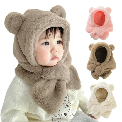 Toddler warm brown faux fur bear hat and scarf set, perfect for winter adventures and cozy infant fashion