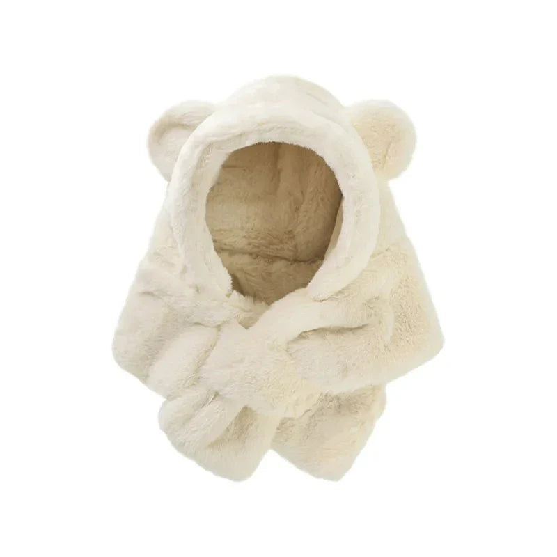 Detailed view of the quality faux fur material of the toddler bear hat and scarf winter set