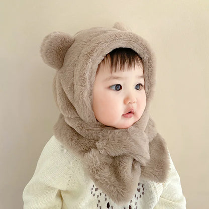 Adorable baby bear-design beanie and complementing scarf made from warm faux fur for winter accessories