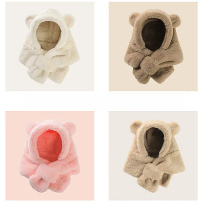 Soft brown faux fur hat and scarf set for toddlers, featuring a playful bear design and super warmth