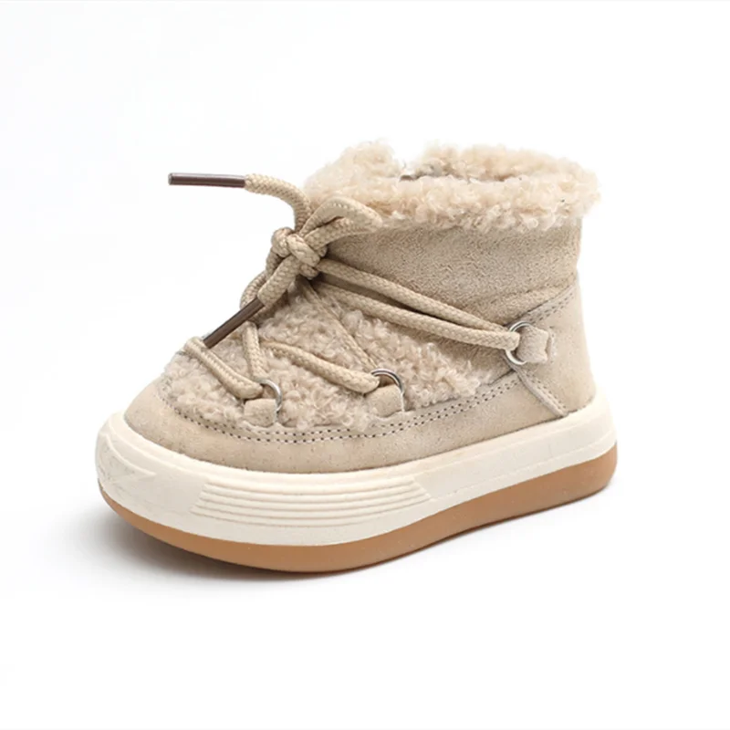 Toddler warm faux fur lined winter boots, non-slip soles, brown leather finish