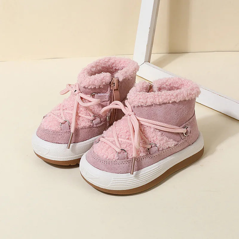 Kids winter boots with cozy faux fur lining and anti-slip rubber soles, side view