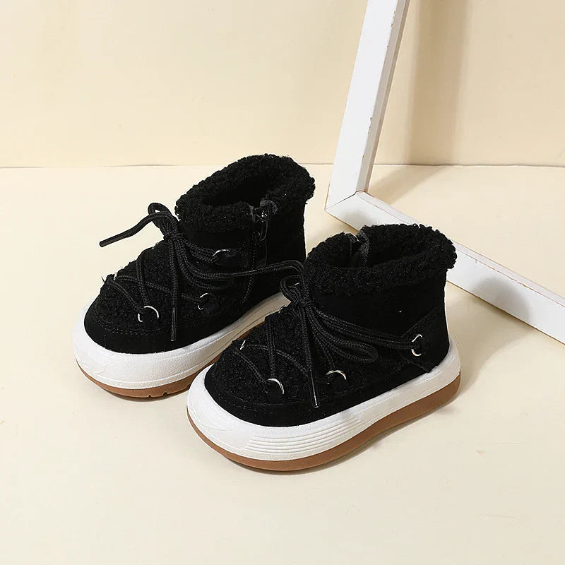 Children's fashion brown winter boots, easy wear, warm faux fur interior, durable