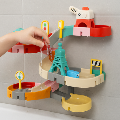 Toddler water race bath toy with colorful interlocking roads and cups for stimulating sensory play in the tub.