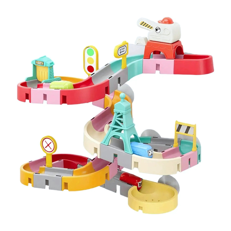 Kids bath toy showing a toddler happily playing with a water road race set, promoting motor skills and educational fun.