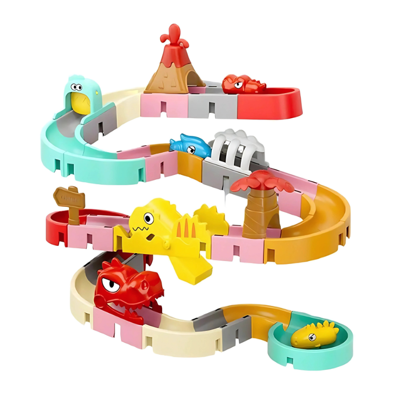 Close-up of a vibrant water road race bath toy with suction cups, perfect for toddler water play and sensory development.