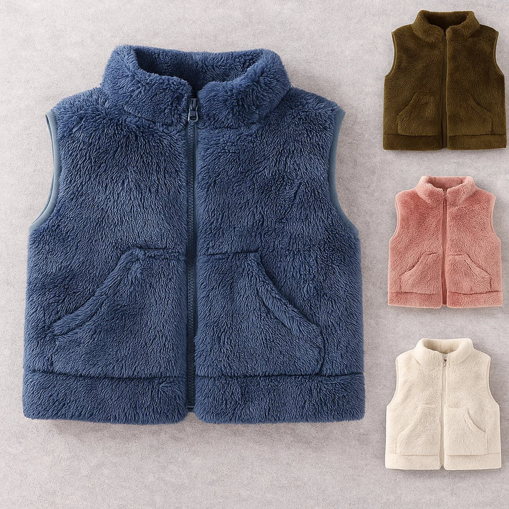 Close-up of blue reversible fleece vest, soft warm toddler outerwear, childrenswear