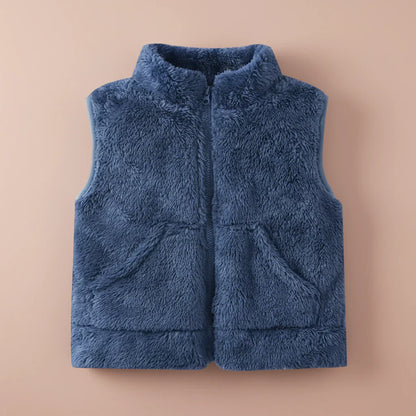 Folded reversible fleece vest, compact warm toddler outerwear for travel, soft childrenswear