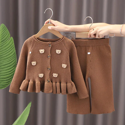 Toddler winter bear sweater and pants set, cozy brown outfit with cute bear design
