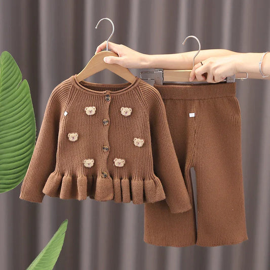 Toddler winter bear sweater and pants set, cozy brown outfit with cute bear design