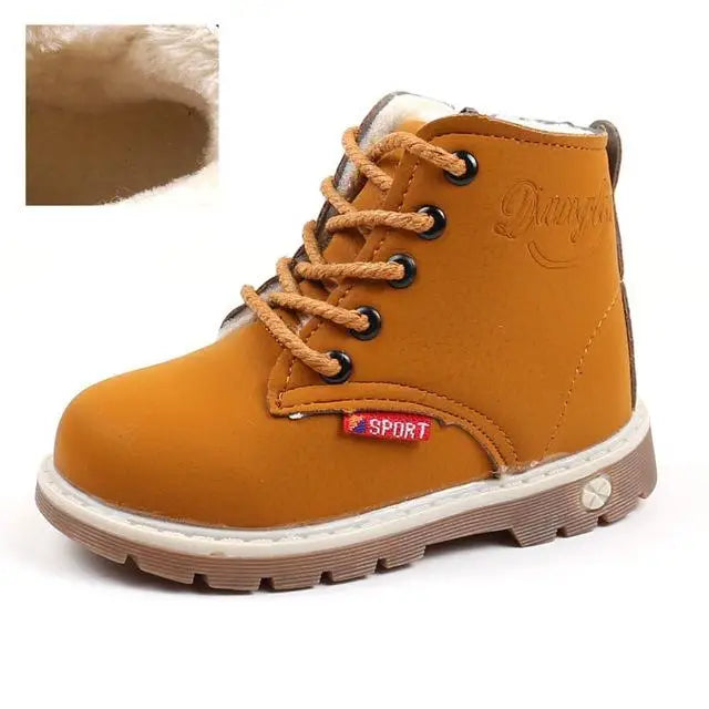 Side view of toddler winter snow boots, highlighting ankle support and thick sole