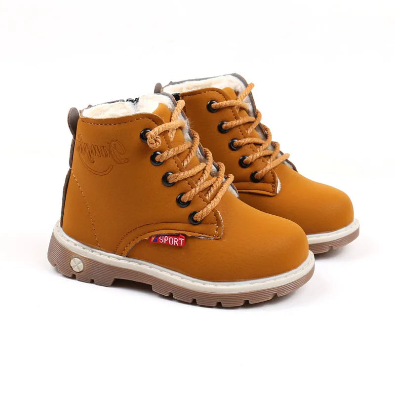 Close-up of toddler winter boots, showcasing soft cotton material and sturdy sole