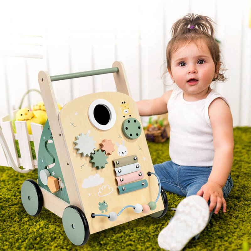 Toddler wooden activity walker with colorful interactive toys and blocks for early learning.