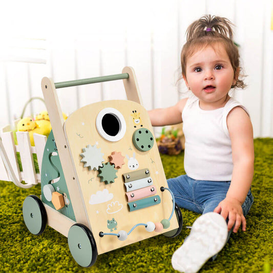 Toddler wooden activity walker with colorful interactive toys and blocks for early learning.