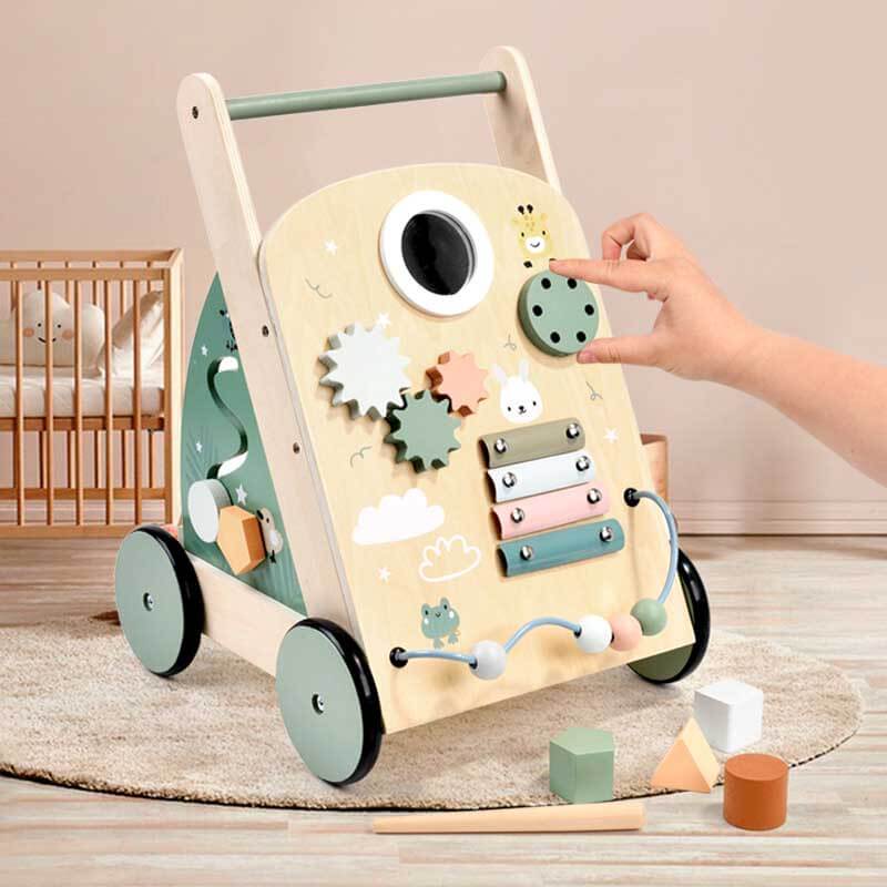 Wooden baby push walker, a sturdy educational toy for toddlers learning to walk.