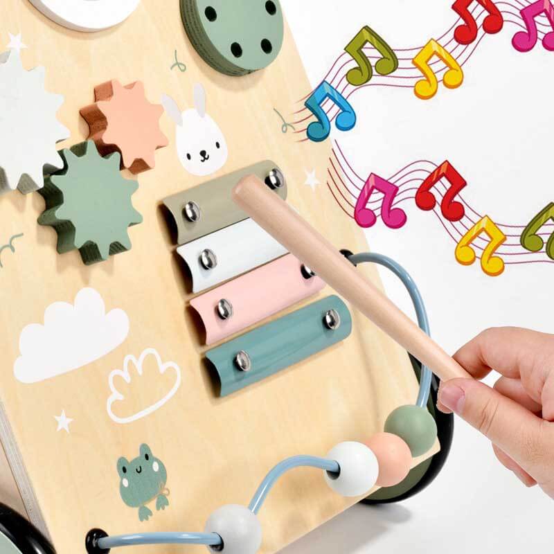 Activity walker for toddlers with spinning gears, bead maze, and shape sorter.