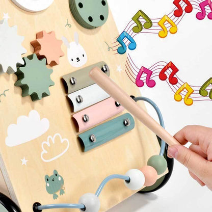 Activity walker for toddlers with spinning gears, bead maze, and shape sorter.
