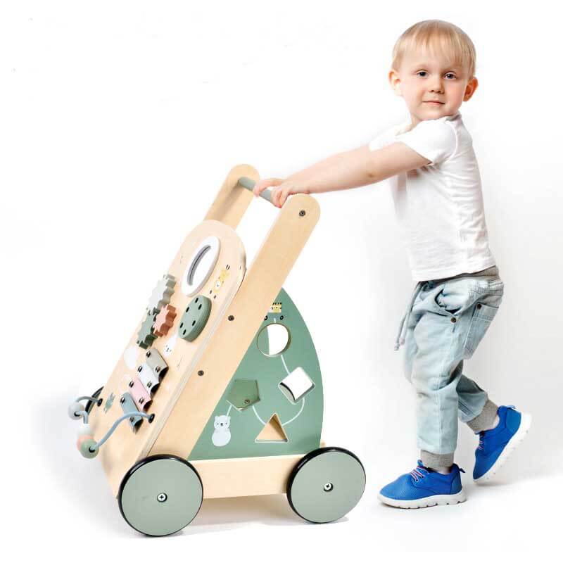 Front view of toddler wooden activity walker, a push toy with interactive learning features.