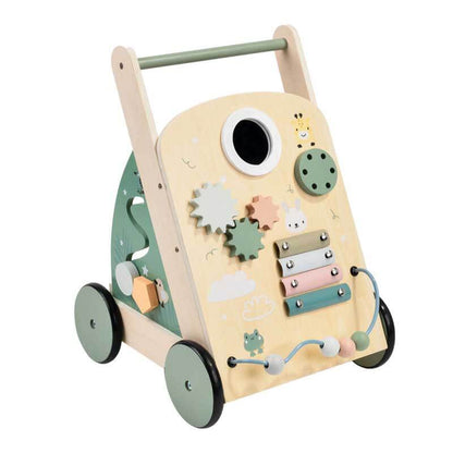 Eco-friendly wooden activity walker, a developmental toy for babies and toddlers.