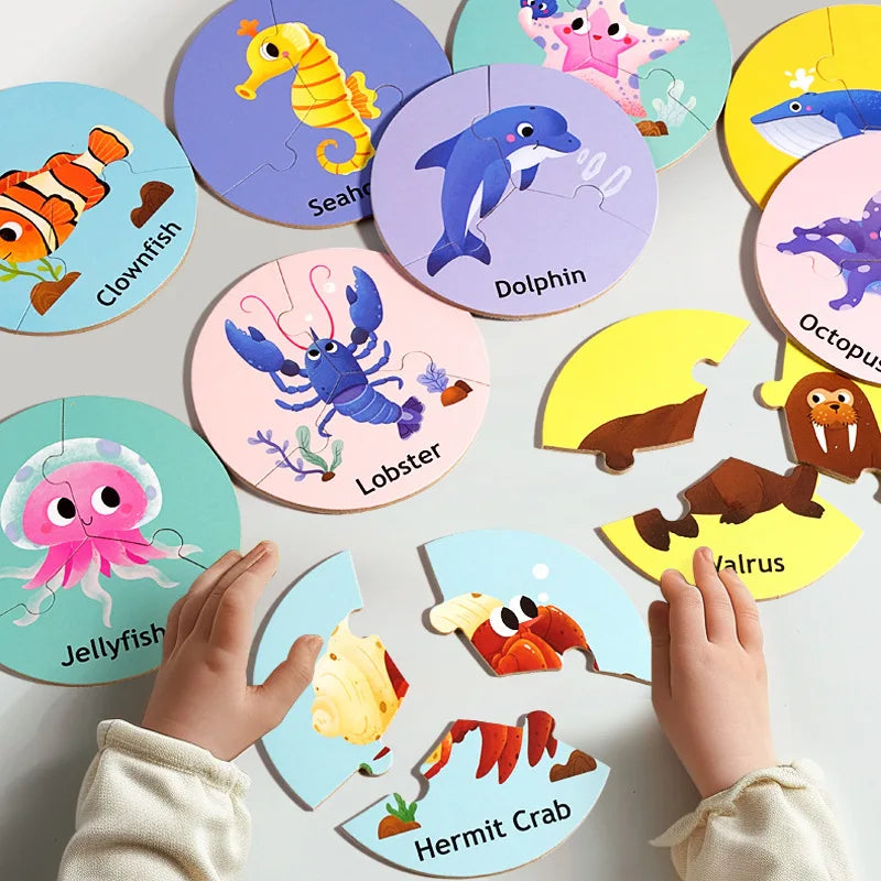 Close-up of a toddler wooden animal match puzzle, with colorful animal shapes, for kids game