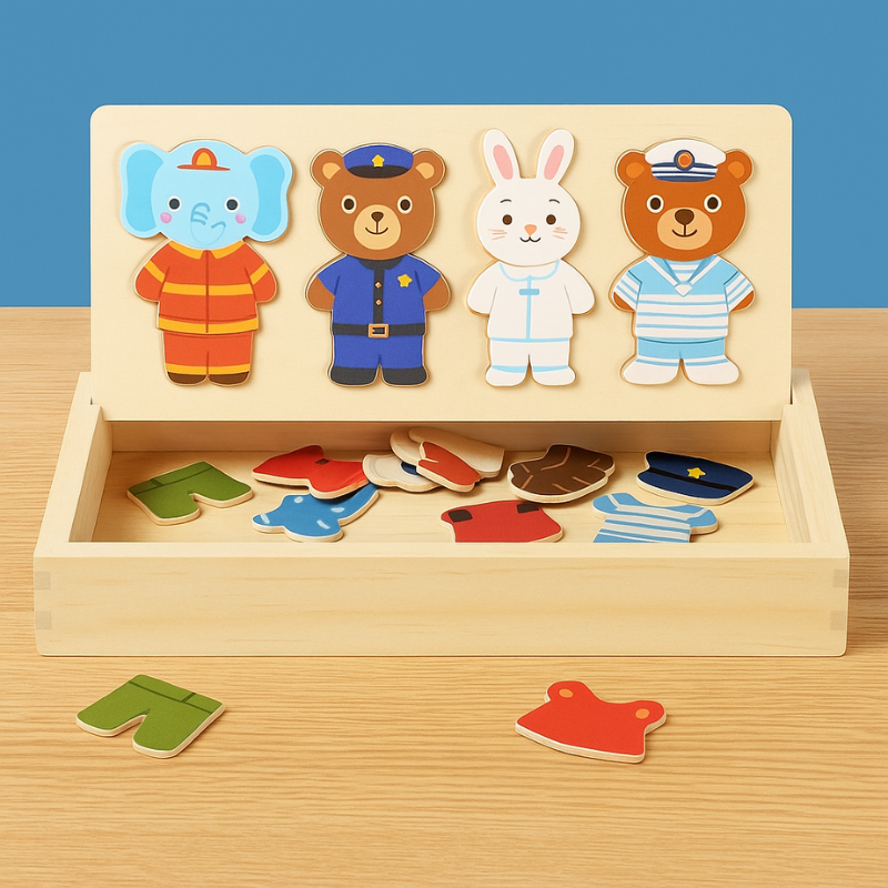 Toddler wooden animal dress-up puzzle toy, promoting fine motor skills for kids' imaginative play.