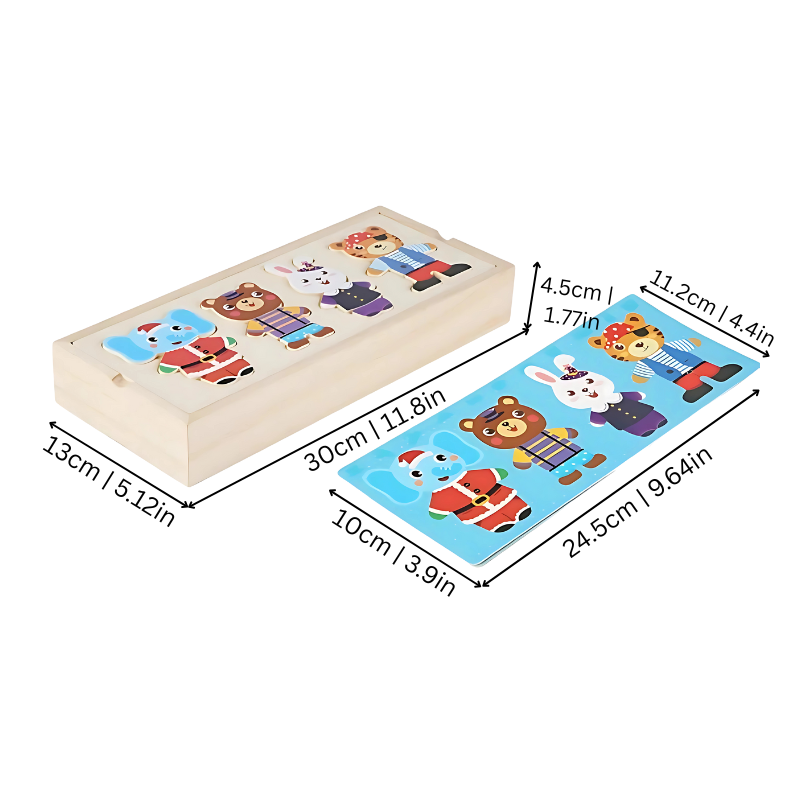 Educational wooden animal dress-up puzzle, a fun toddler toy for developing skills and play.