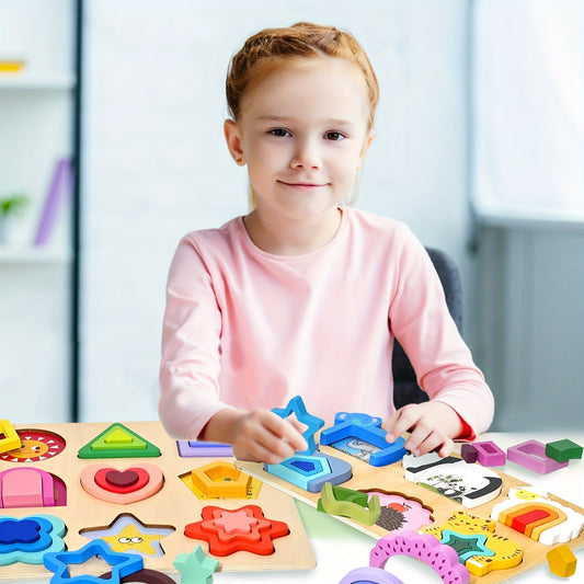 Toddler wooden animal puzzle with colorful geometric shape sorters, promoting early learning & motor skills