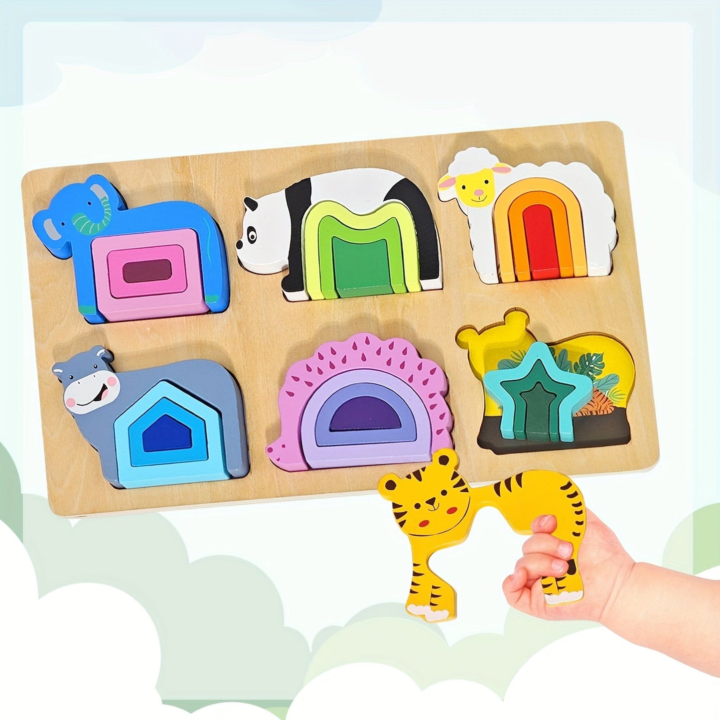 Assortment of vibrant wooden geometric shapes and animal figures from an educational toddler puzzle set