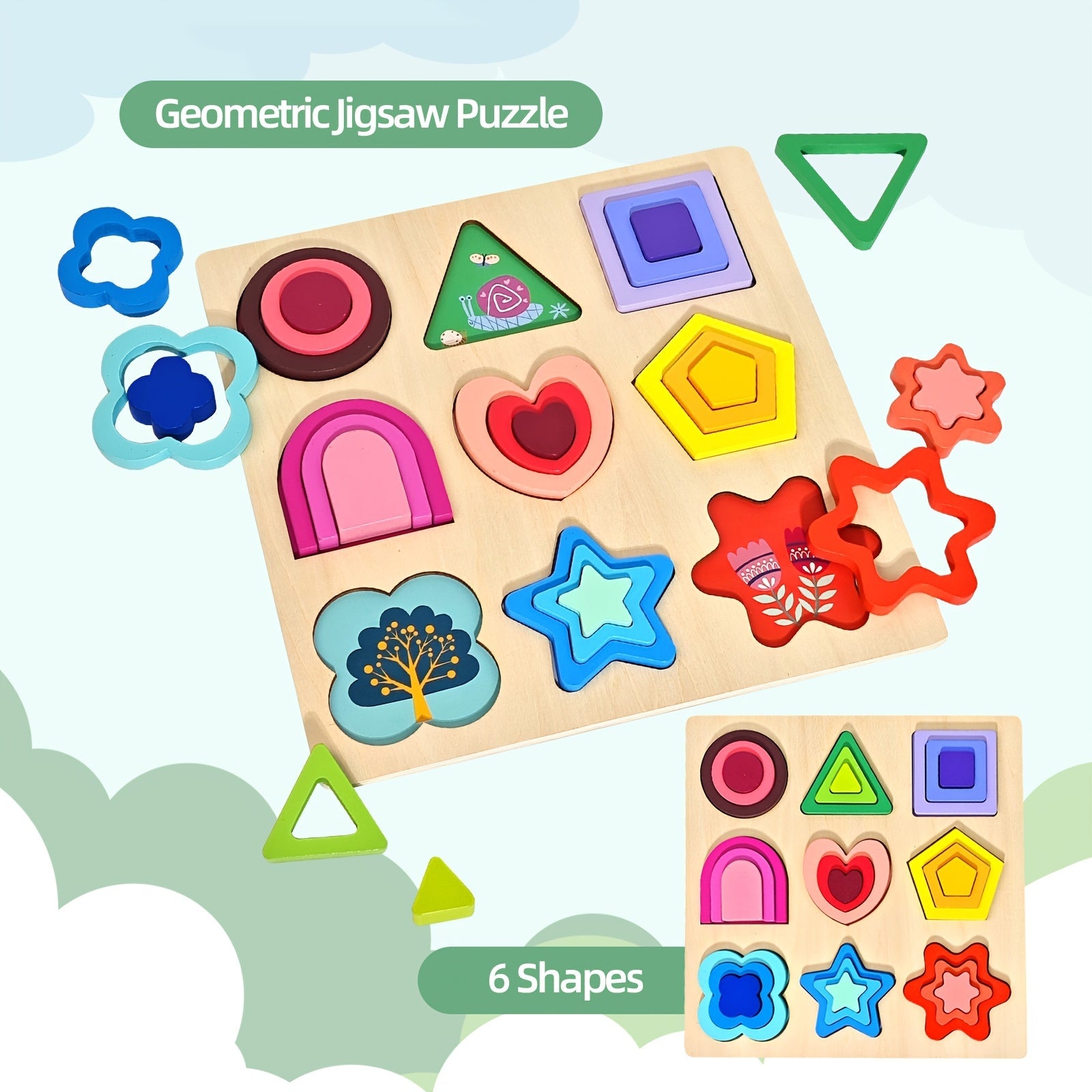 Developmental wooden puzzle featuring bright animal characters and geometric sorting challenges for young children