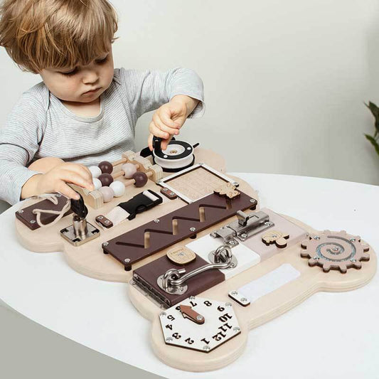 Toddler wooden busy board with colorful sensory activities for fine motor skill development