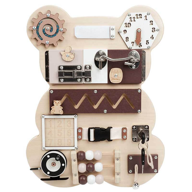 Kids wooden sensory board with buckles and switches, ideal for developing fine motor skills