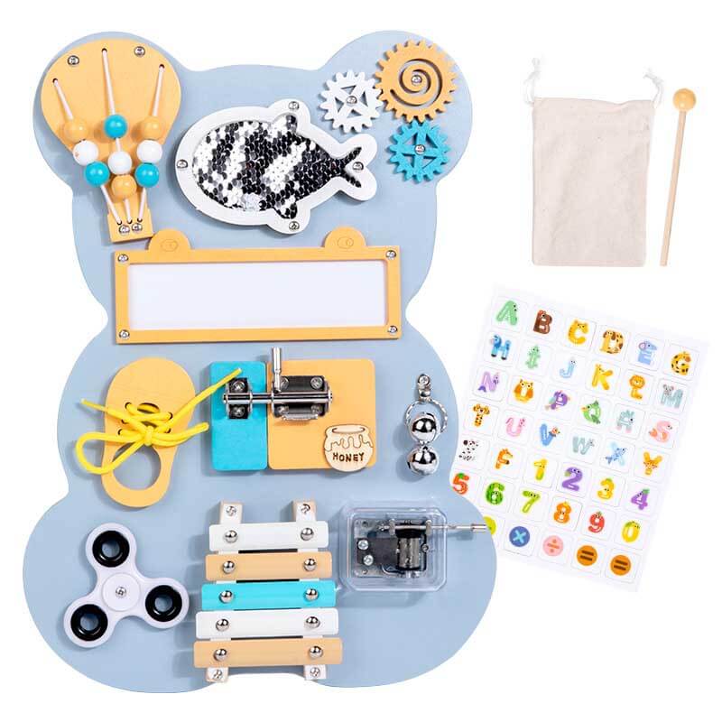 Toddler activity board made of wood, designed to enhance cognitive and motor development