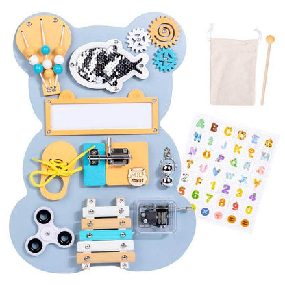 Toddler activity board made of wood, designed to enhance cognitive and motor development