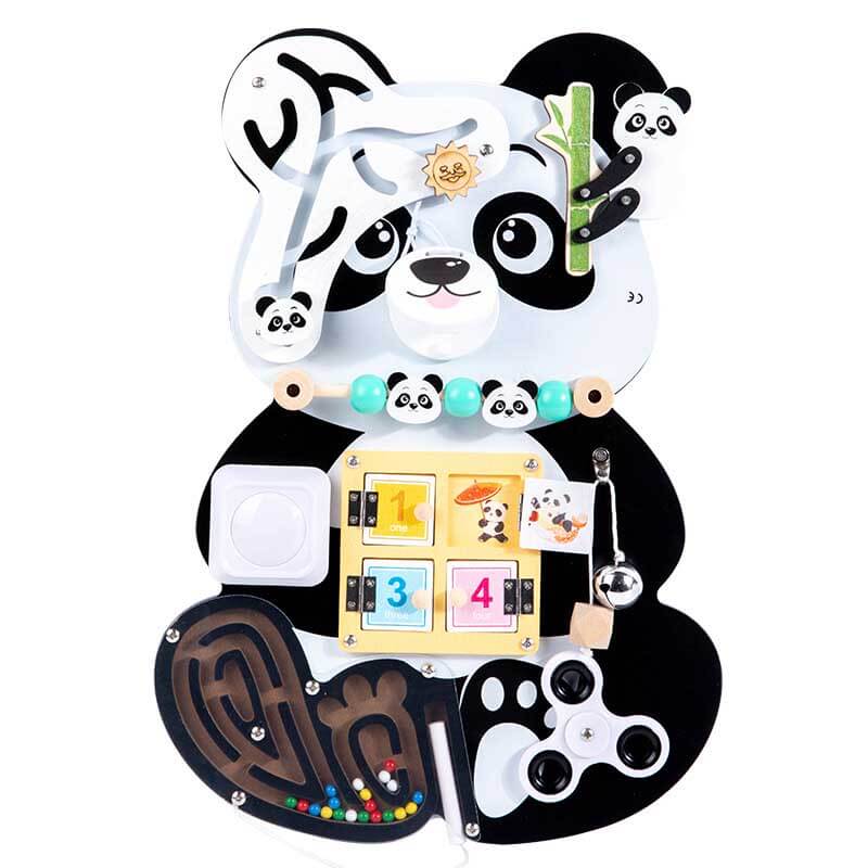 Wooden montessori busy board with various elements like a zipper and shape puzzles for toddlers