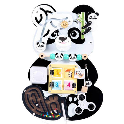 Wooden montessori busy board with various elements like a zipper and shape puzzles for toddlers