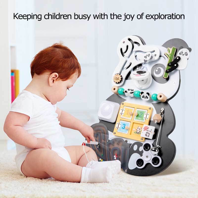 Colorful wooden busy board offering engaging sensory play for active toddlers and kids