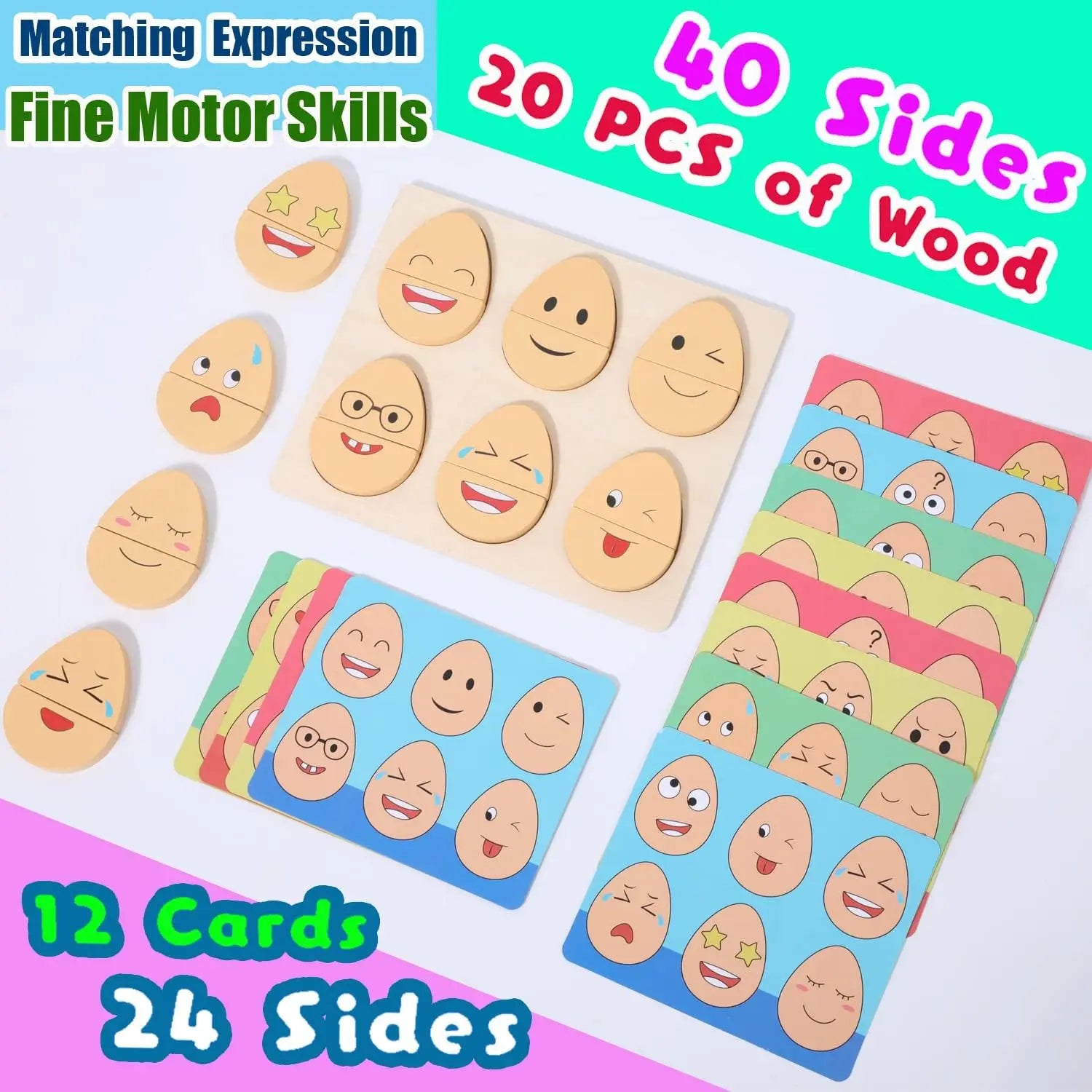 Toddler holding a wooden expression egg, learning game for kids, educational toy, emotion puzzle