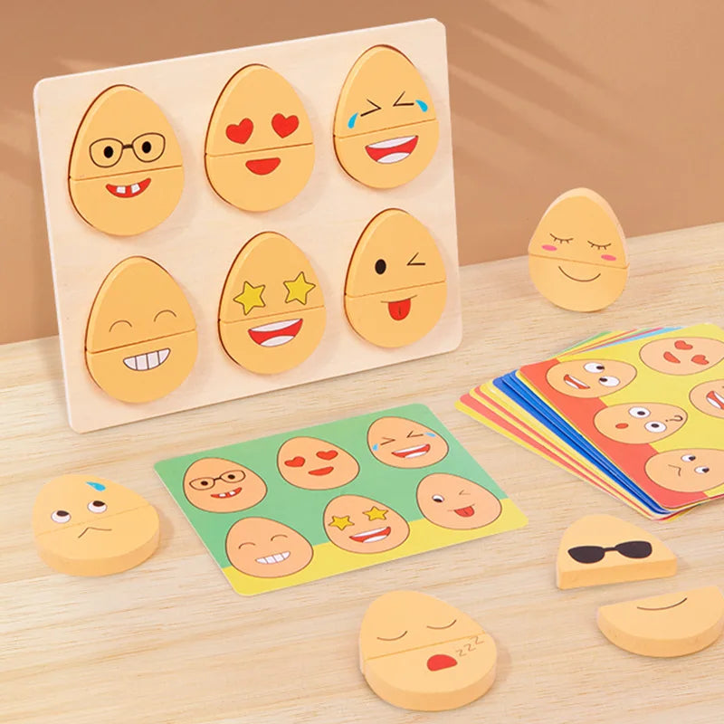 Close-up of wooden expression egg with happy face, toddler learning game, Montessori toy for children