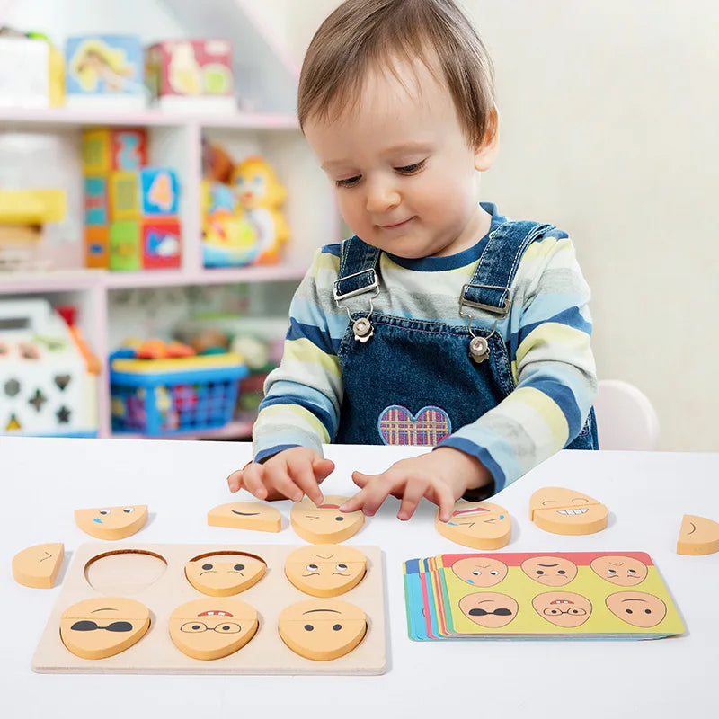 Various wooden expression eggs neatly arranged, educational toy for toddlers, emotion skills puzzle