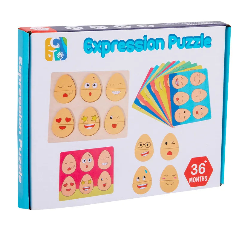 Set of 6 wooden expression eggs in a tray, toddler educational toy for emotional development