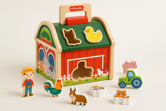 Toddler wooden farm animal sorting game with colorful animal shapes on a natural wood base.