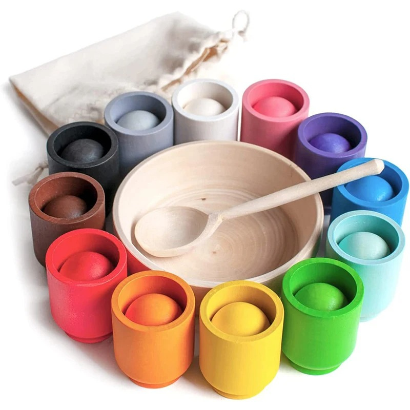 Toddler wooden rainbow sorting Montessori toy for kids 3-5+, developing fine motor and color recognition skills