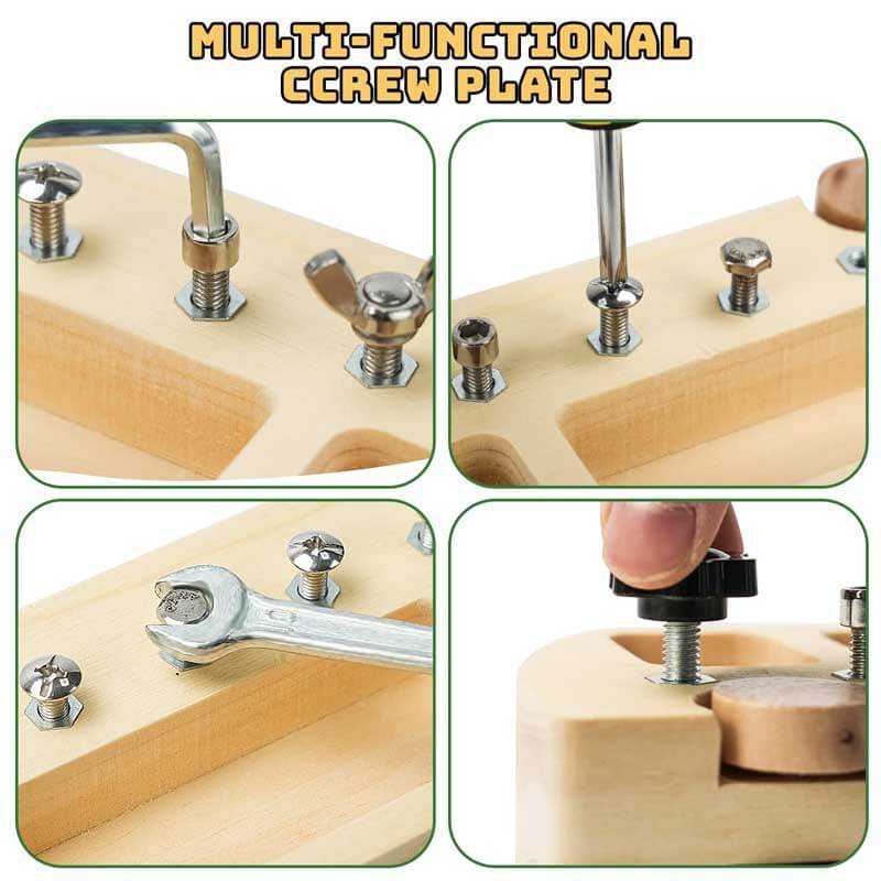 Toddler kids building toy, wooden screwdriver bus, educational montessori preschool learning tool