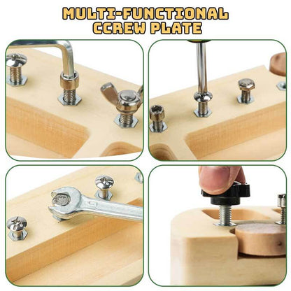 Toddler kids building toy, wooden screwdriver bus, educational montessori preschool learning tool