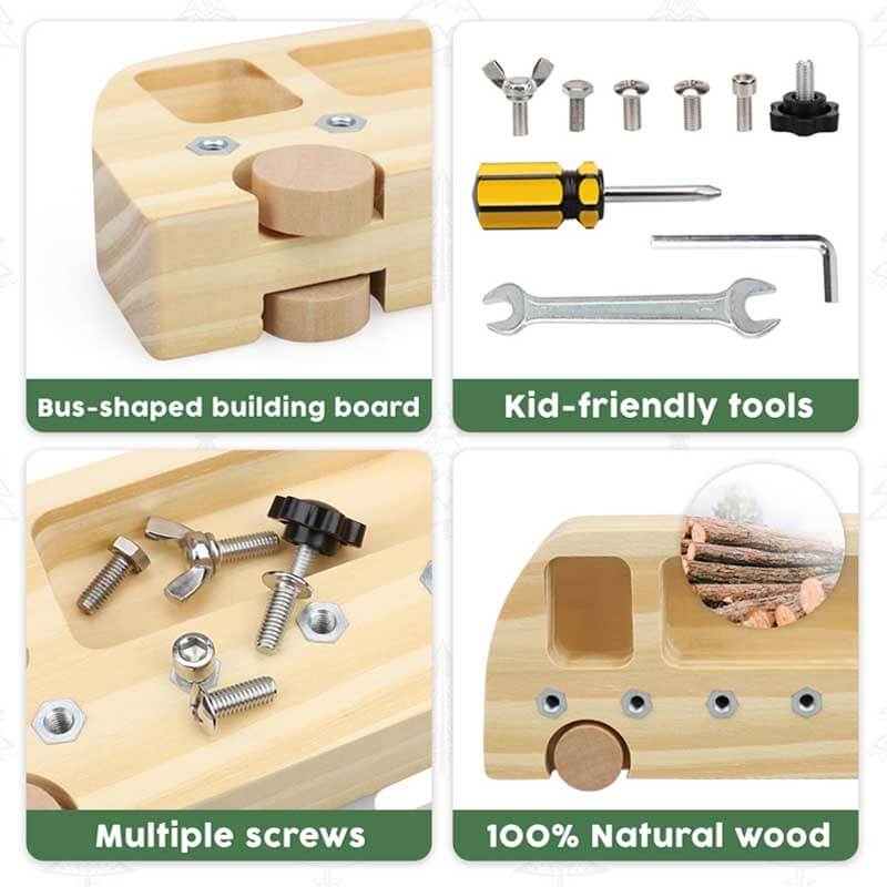 Close-up of toddler using wooden screwdriver on bus toy, developing fine motor skills