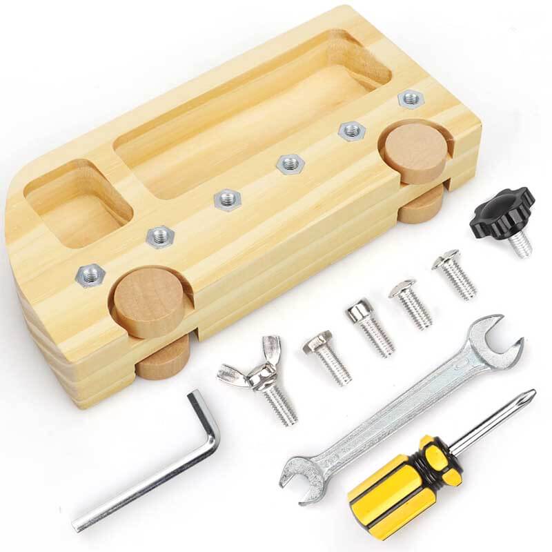 Bright wooden bus toy with various screws and tools for toddlers, educational activity toy